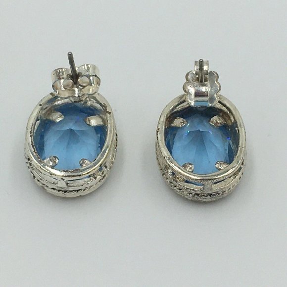 AVON Silver Plated (SP) Faceted Aqua Blue Rhinestone Pierced Stud Earrings, 2003 - Picture 4 of 7